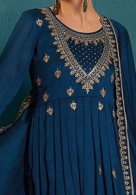 Teal Zari Sequin Embroidered Vichitra Kurta Set