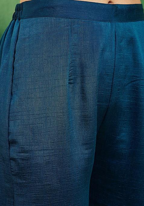 Teal Zari Sequin Embroidered Vichitra Kurta Set