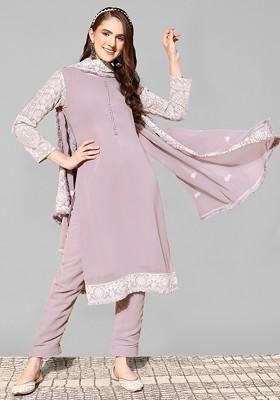 Lavender Sequin Chikankari Embroidered Georgette Kurta Set