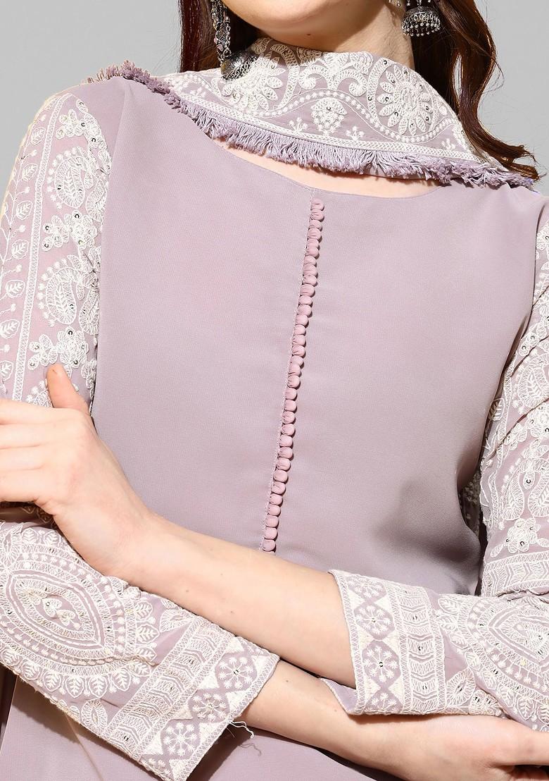 Lavender Sequin Chikankari Embroidered Georgette Kurta Set - Indya