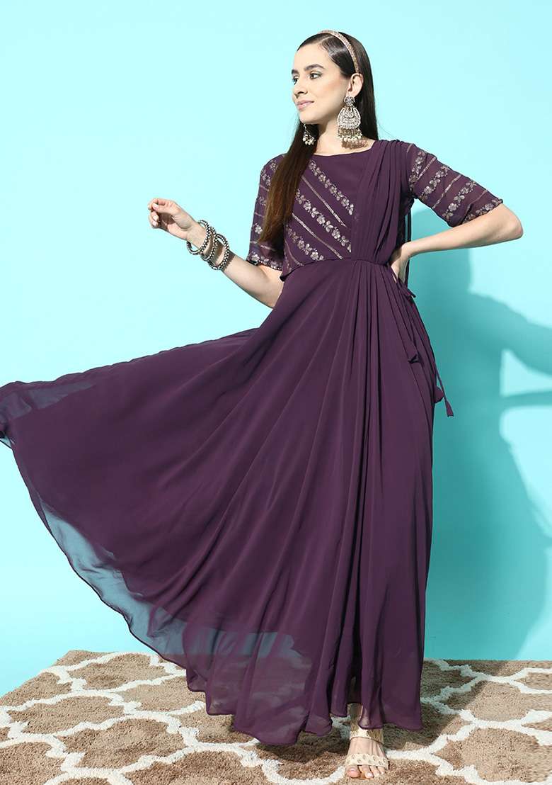 Purple Embroidered Georgette Anarkali Set - Indya