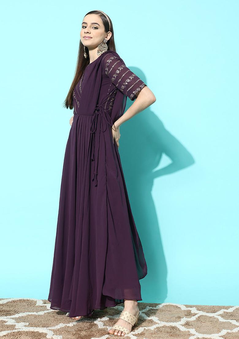 Purple Zari Sequin Embroidered Georgette Gown