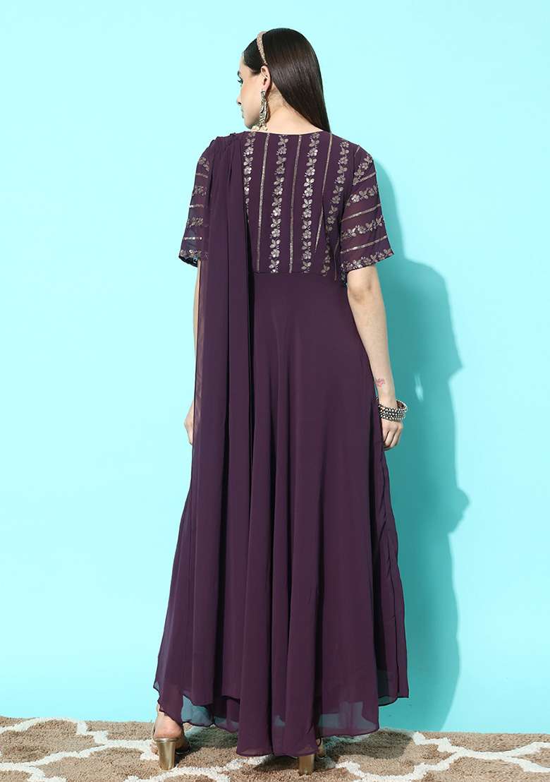 Purple Embroidered Georgette Anarkali Set - Indya