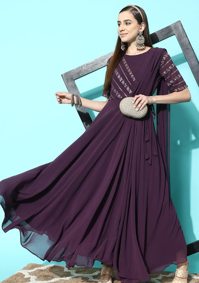 Purple Zari Sequin Embroidered Georgette Gown