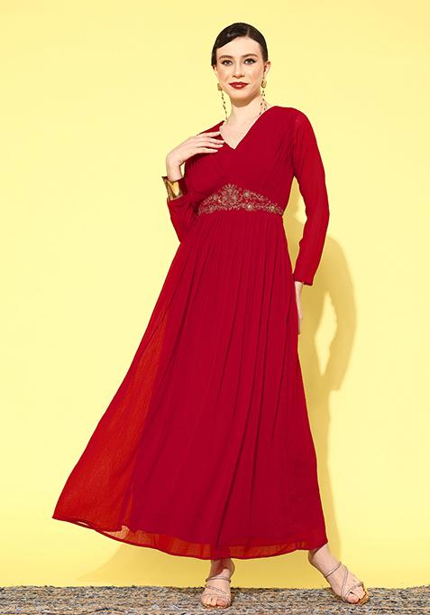 Red Zari Sequin Embroidered Georgette Kurta Set