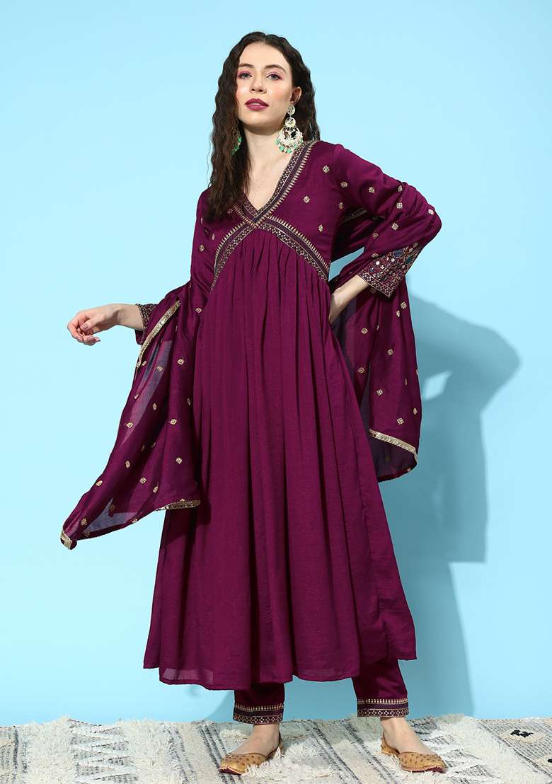 Wine Zari Sequin Embroidered Silk Blend Kurta Set - Indya