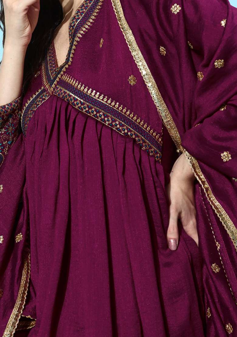 Wine Zari Sequin Embroidered Silk Blend Kurta Set - Indya