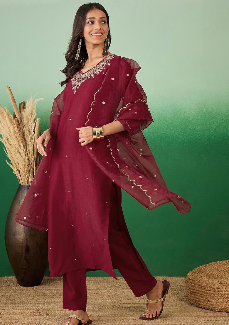 Maroon Zari Sequin Embroidered Organza Kurta Set