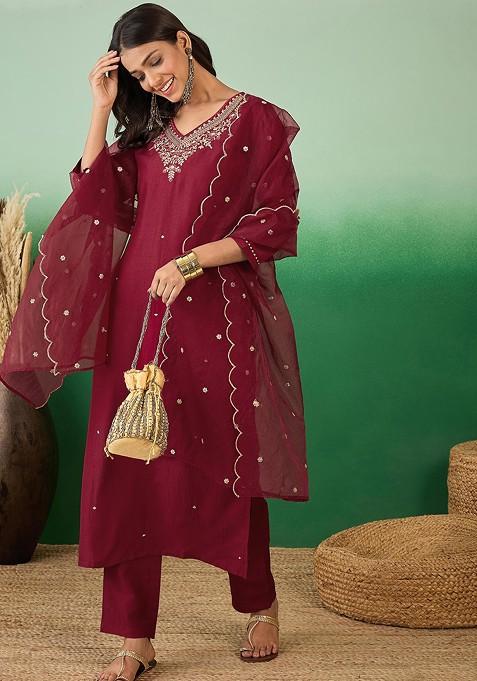 Maroon Zari Sequin Embroidered Organza Kurta Set