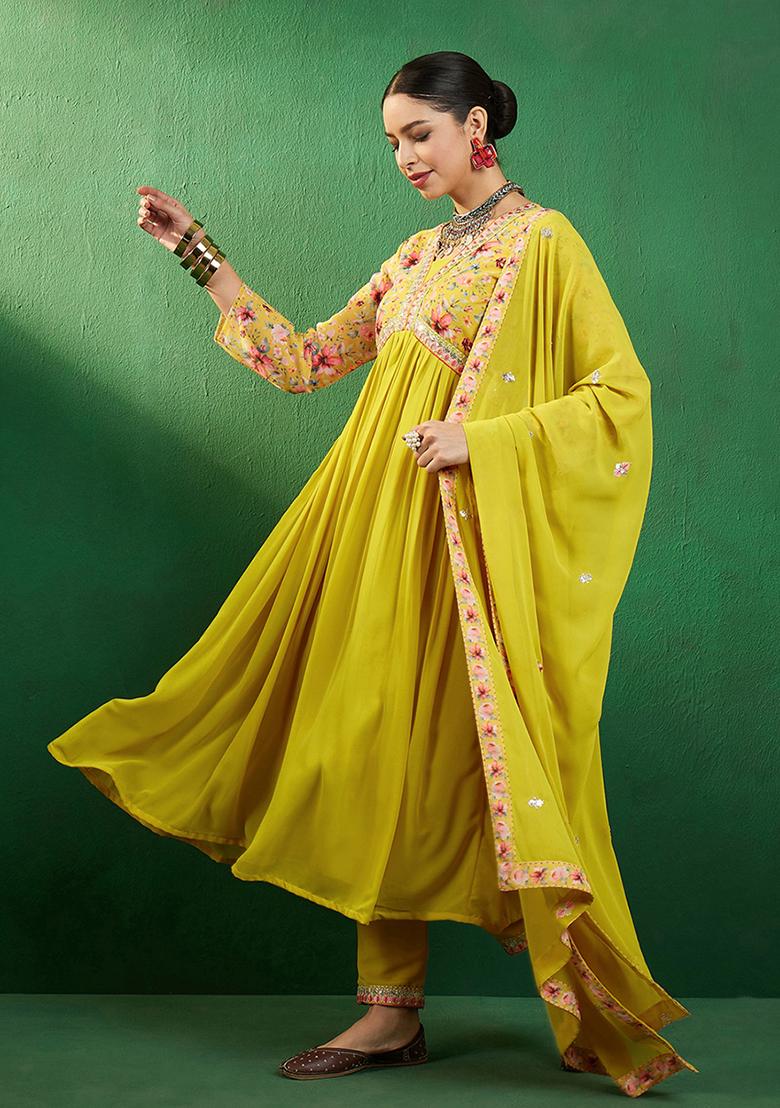 Yellow Zari Sequin Embroidered Georgette Kurta Set
