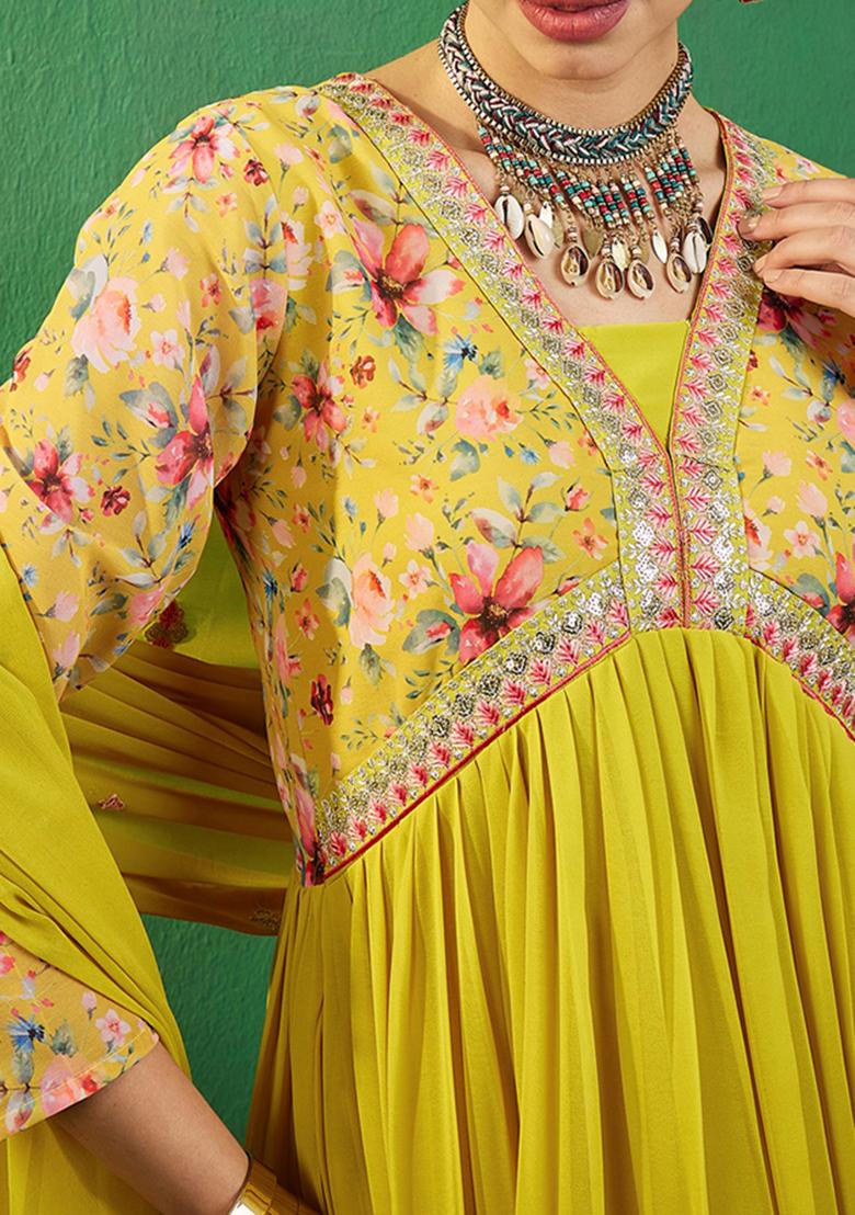 Yellow Zari Sequin Embroidered Georgette Kurta Set