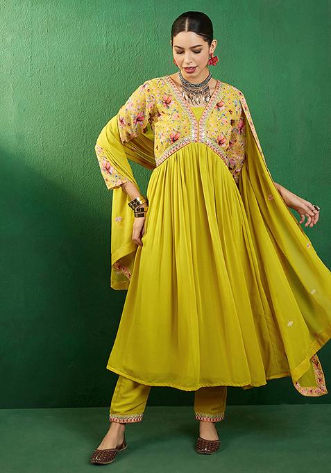 Yellow Zari Sequin Embroidered Georgette Kurta Set