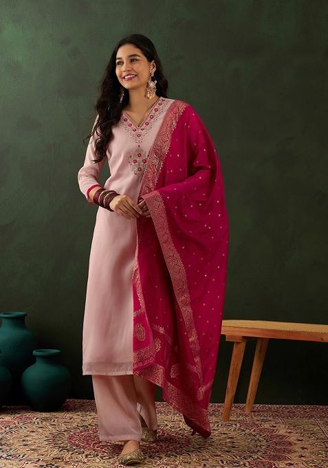 Peach Zari Sequin Embroidered Chiffon Kurta Set