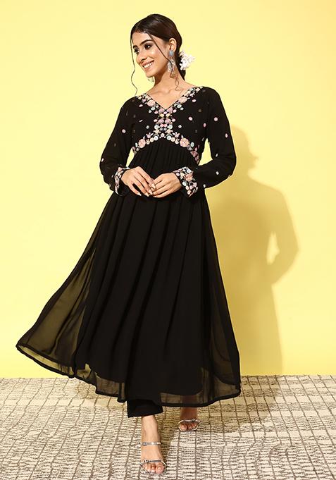 Black Zari Sequin Embroidered Georgette Kurta Set