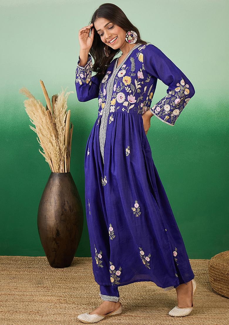 Blue Embroidered Chinon Kurta Set