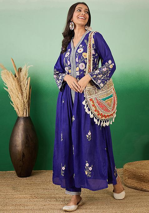 Blue Embroidered Chinon Kurta Set