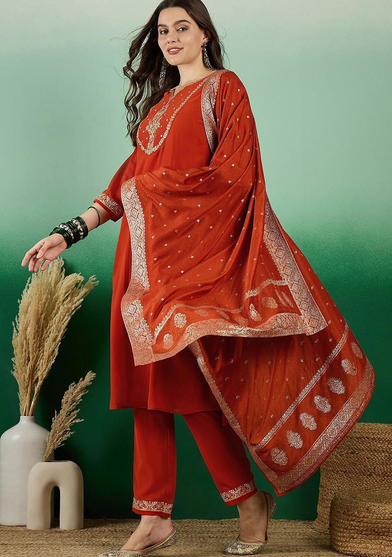 Orange Zari Sequin Embroidered Georgette Kurta Set
