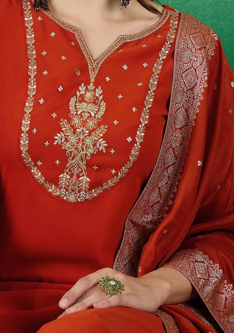 Orange Zari Sequin Embroidered Georgette Kurta Set