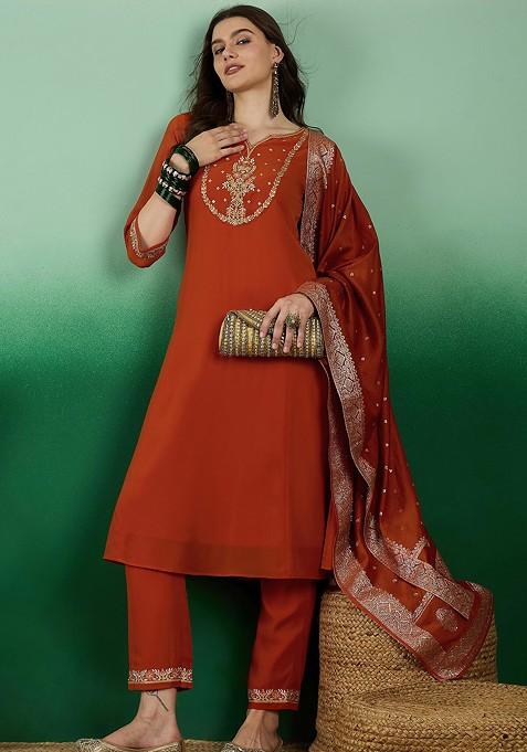 Orange Zari Sequin Embroidered Georgette Kurta Set