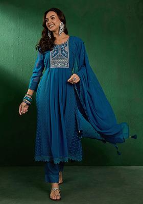 Teal Blue Zari Sequin Embroidered Georgette Kurta Set
