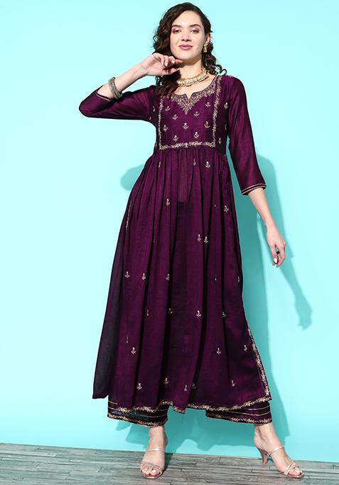 Wine Sequin Zari Embroidered Chinon Silk Kurta Set