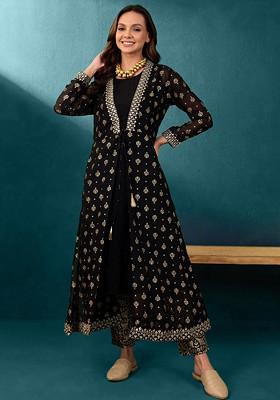 Black Solid Vichitra Kurta Set