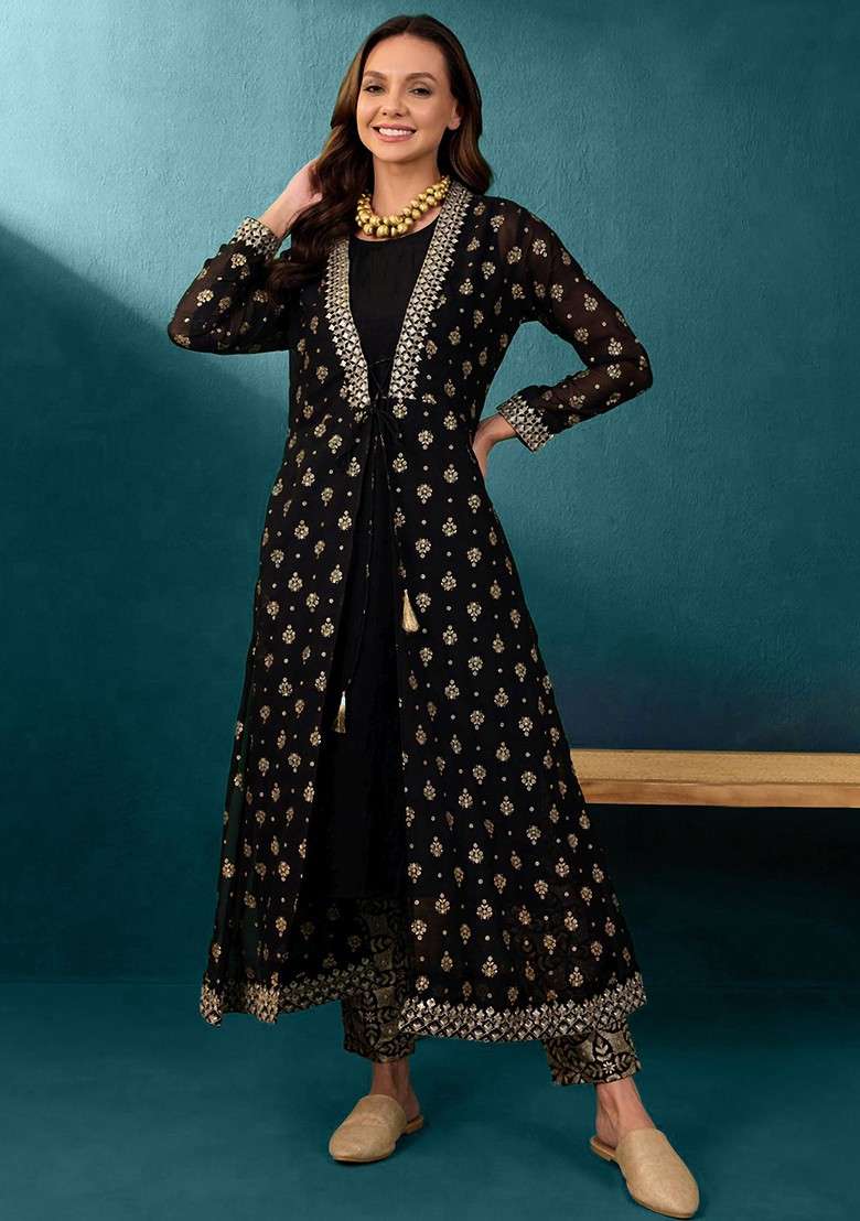 Black Solid Vichitra Kurta Set - Indya