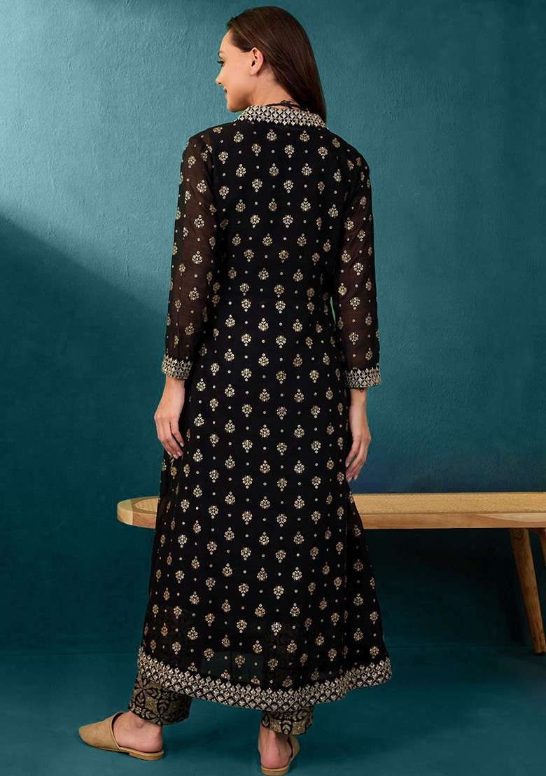 Black Solid Vichitra Kurta Set - Indya