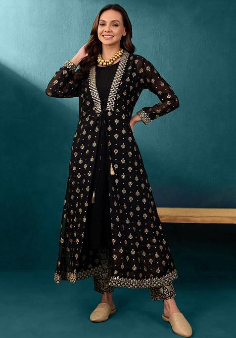 Black Solid Vichitra Kurta Set