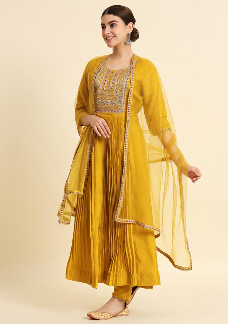 Yellow Embroidered Pure Chanderi Silk Kurta Set
