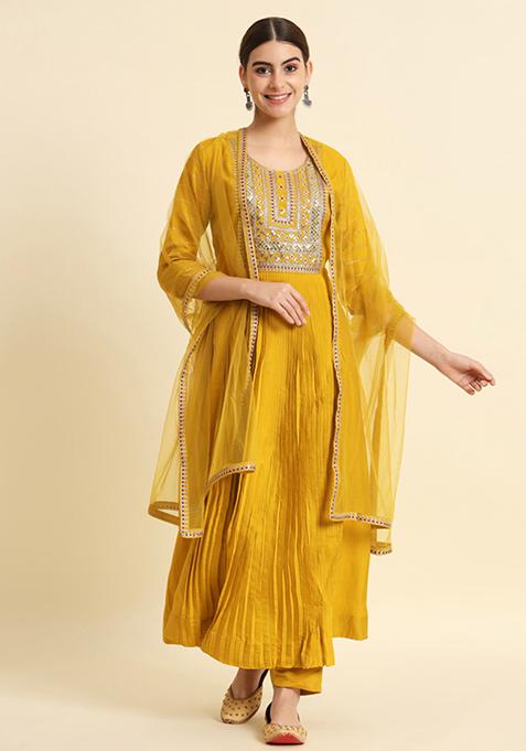 Yellow Embroidered Pure Chanderi Silk Kurta Set