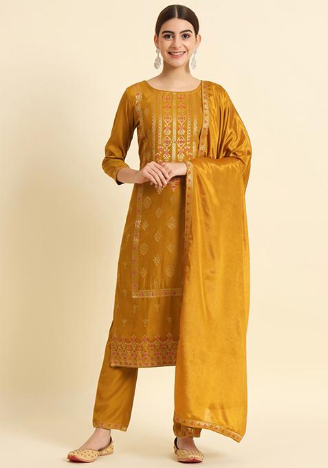 Mustard Embroidered Silk Blend Kurta Set