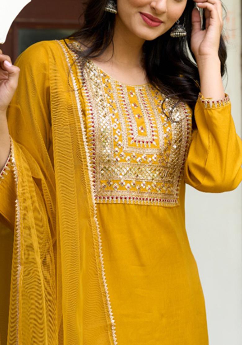 Yellow Embroidered Chanderi Kurta Set With Dupatta