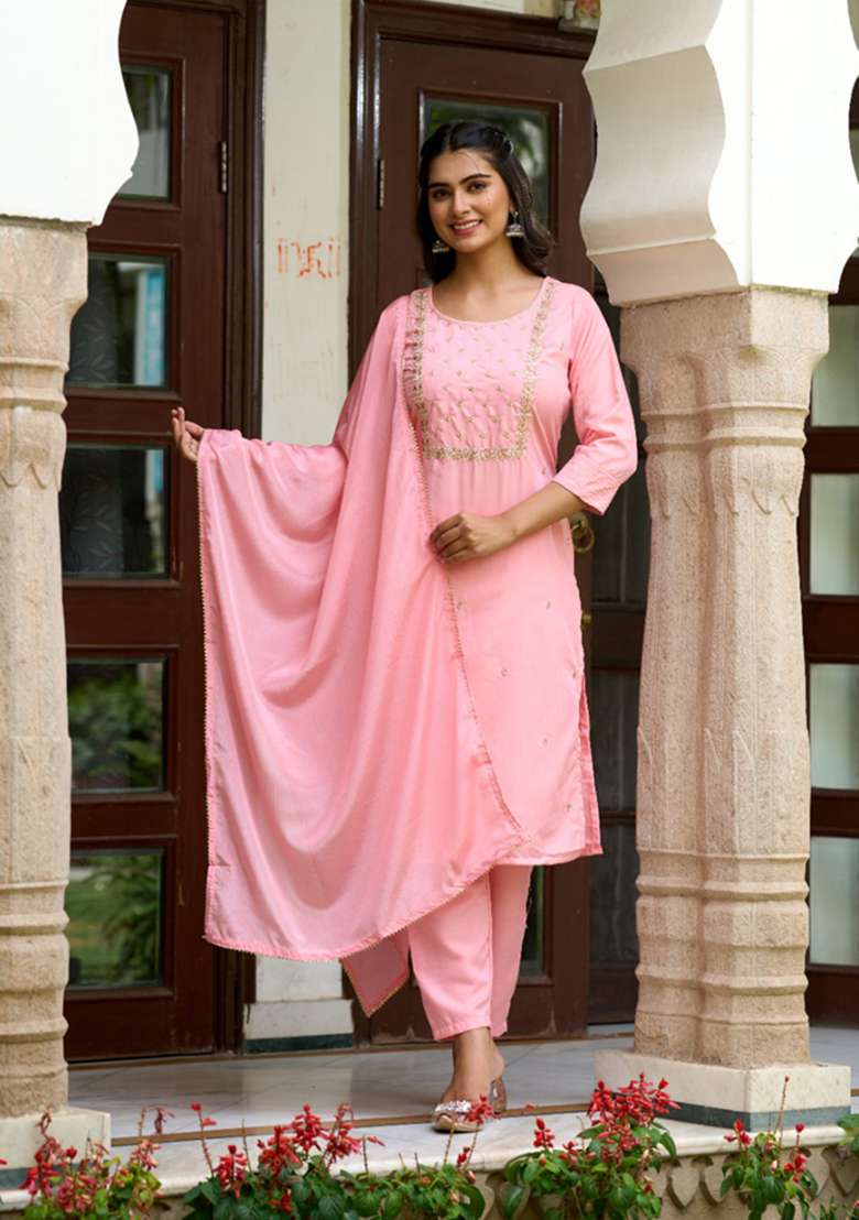 Pink Embroidered Rayon Straight Kurta Set - Indya