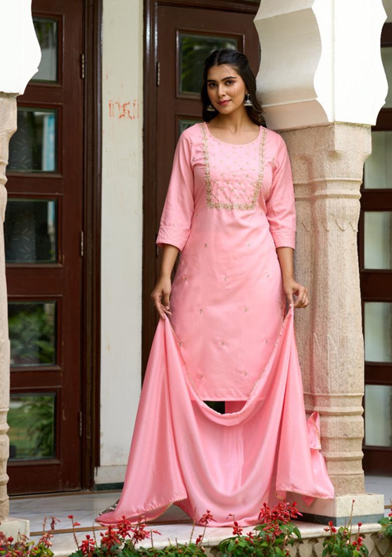 Pink Embroidered Rayon Slub Kurta Set