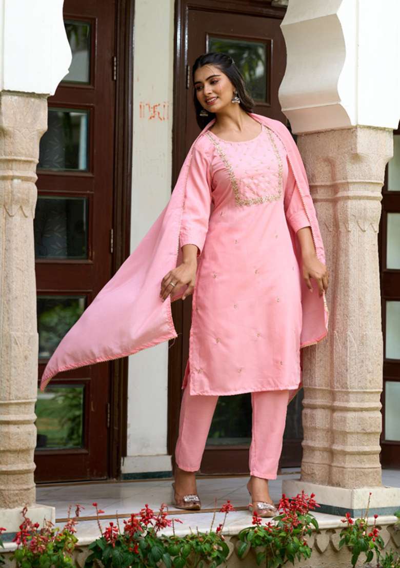 Pink Embroidered Rayon Straight Kurta Set - Indya