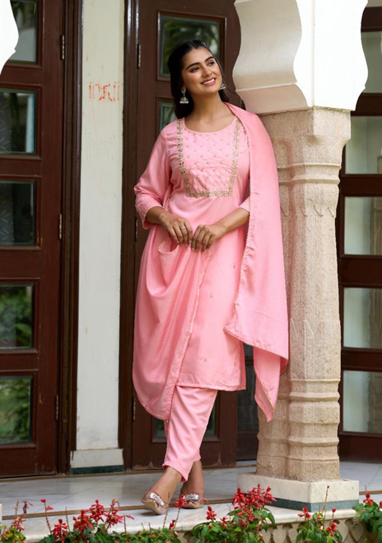 Pink Embroidered Rayon Slub Kurta Set