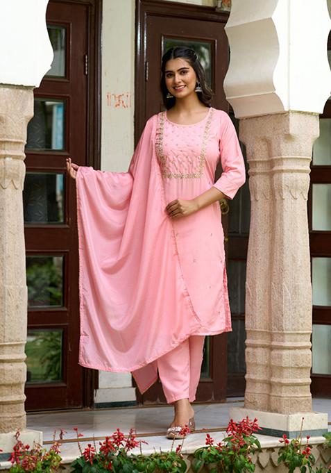 Pink Embroidered Rayon Slub Kurta Set