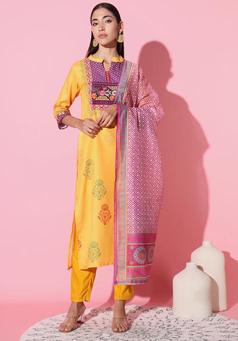 Yellow Embroidered Muslin Kurta Set