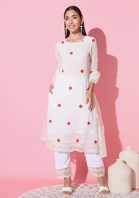 White Embroidered Pure Georgette Kurta Set