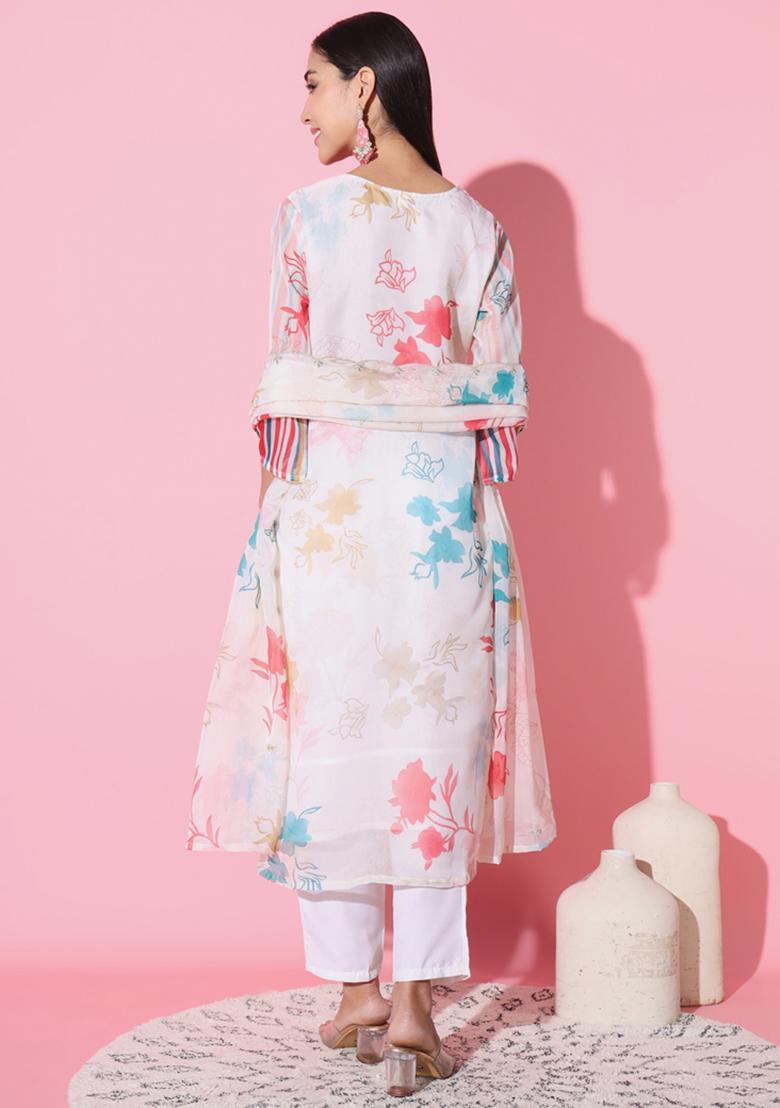 Off White Floral Print Organza Kurta Set