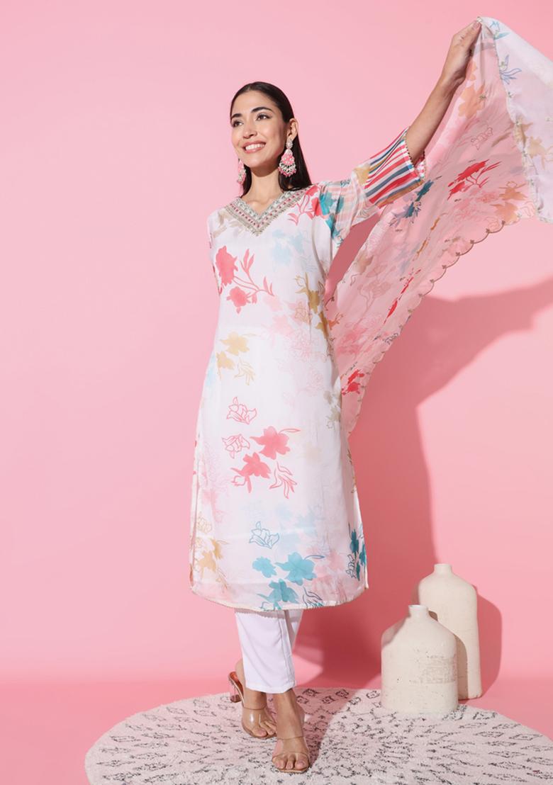 Off White Floral Print Organza Kurta Set