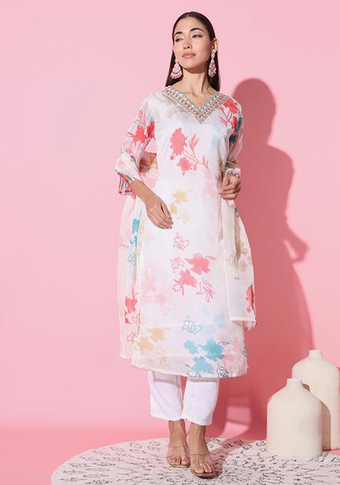 Off White Floral Print Organza Kurta Set