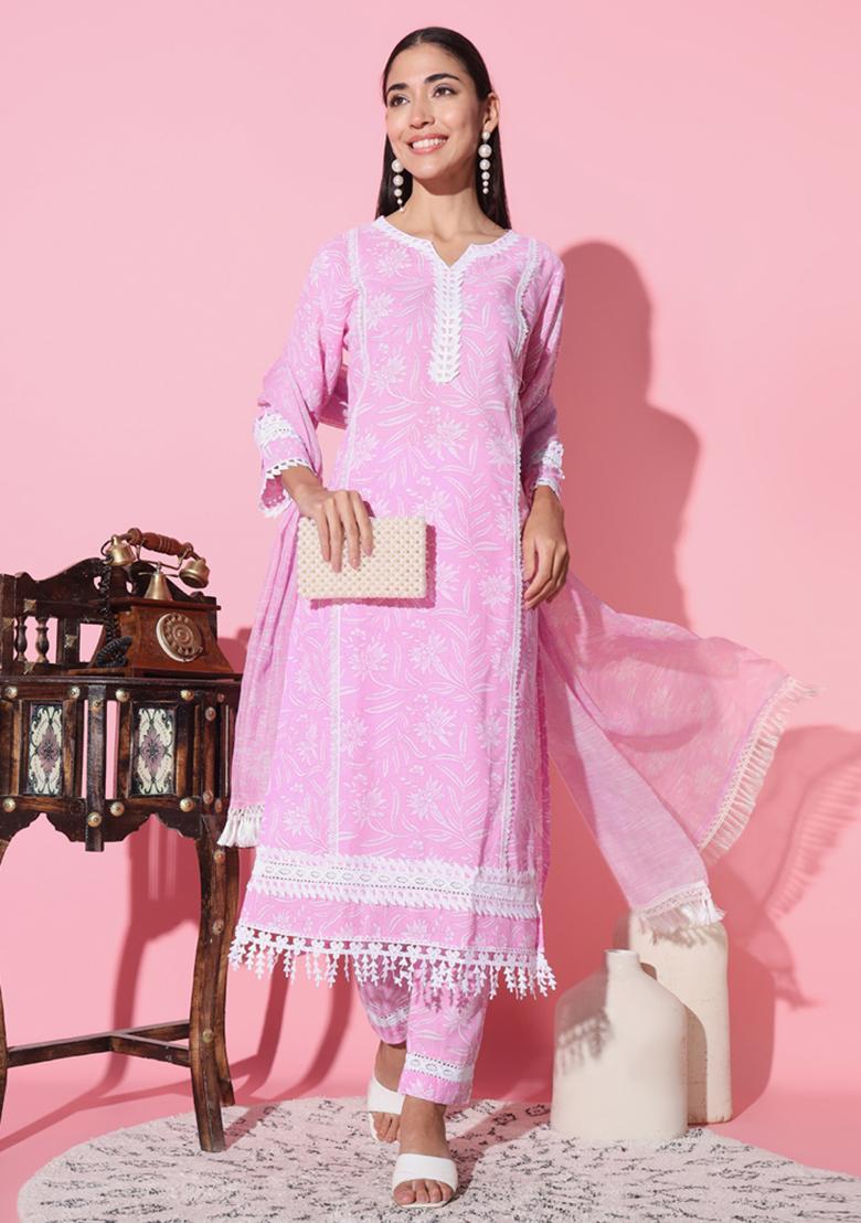 Pink Floral Print Cotton Silk Kurta Set