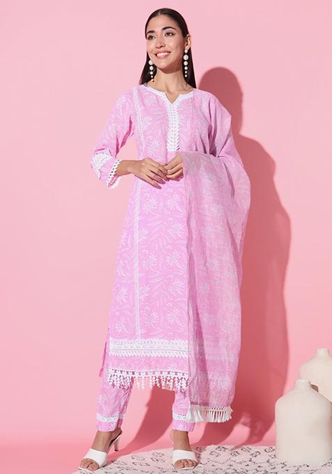 Pink Floral Print Cotton Silk Kurta Set