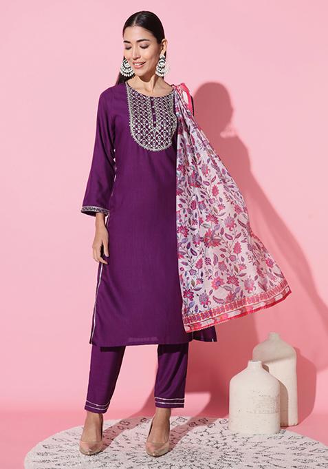 Purple Embroidered Rayon Slub Kurta Set