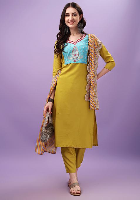 Yellow Embroidered Viscose Kurta Set