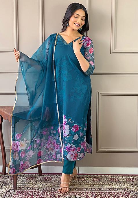 Blue Floral Print Viscose Kurta Set