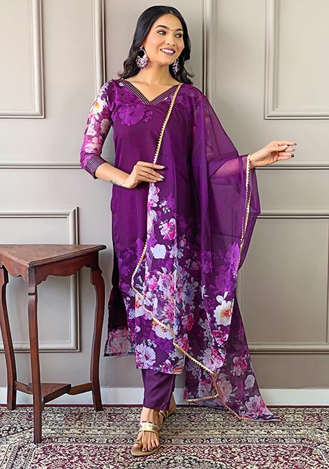 Purple Floral Print Viscose Kurta Set