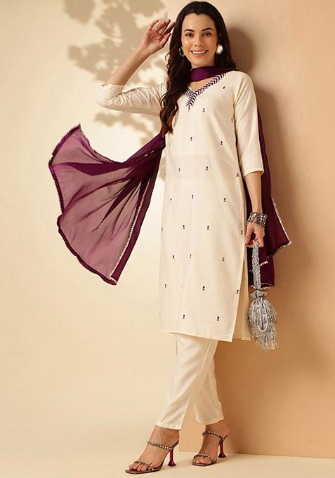 White Embroidered Rayon Slub Kurta Set